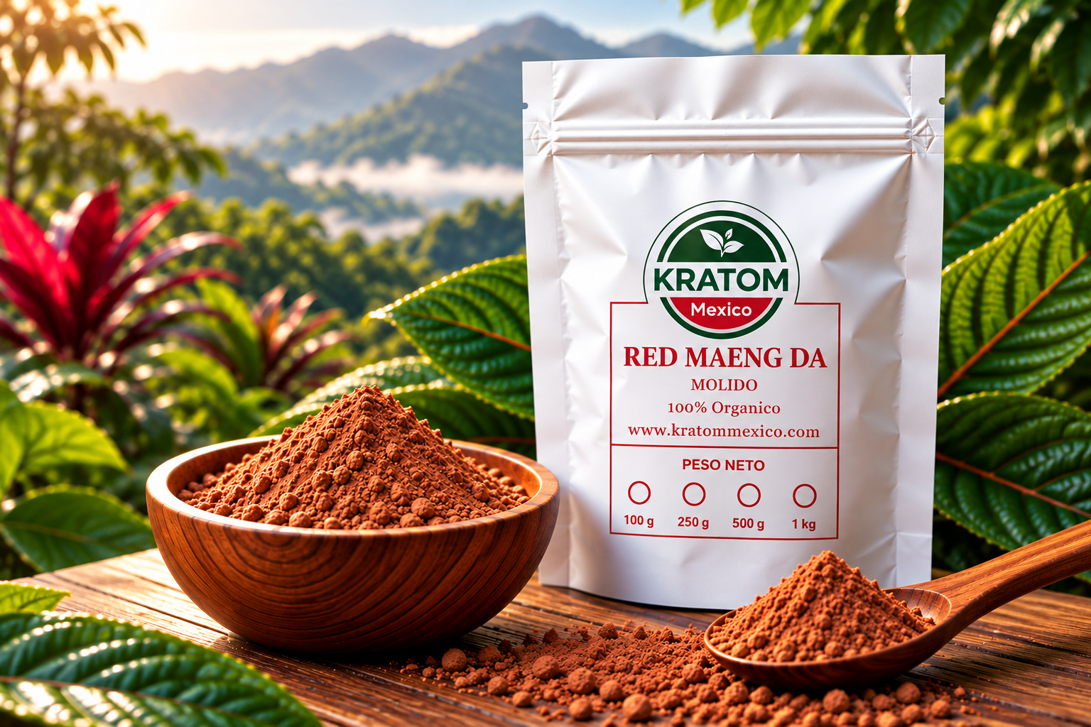 Bolsa de Red Maeng Da Kratom México en polvo, acompañada de un recipiente y una cuchara de madera con kratom molido rojizo, frente a un paisaje de montañas y vegetación tropical.