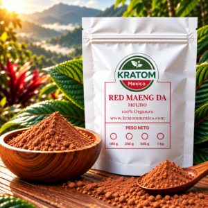 Bolsa de Red Maeng Da Kratom México en polvo, junto a un recipiente y una cuchara de madera con kratom molido rojizo, con montañas y vegetación tropical al fondo.