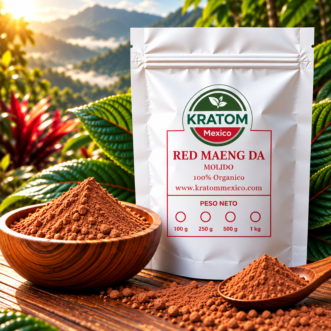Bolsa de Red Maeng Da Kratom México en polvo, junto a un recipiente y una cuchara de madera con kratom molido rojizo, con montañas y vegetación tropical al fondo.