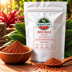 Bolsa de Red Bali Kratom México en polvo, acompañada de un recipiente y una cuchara de madera con kratom molido rojizo, rodeada de vegetación tropical.