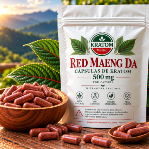 Bolsa de cápsulas Red Maeng Da Kratom México de 500 mg, acompañada de cápsulas rojizas en un recipiente y una cuchara de madera.