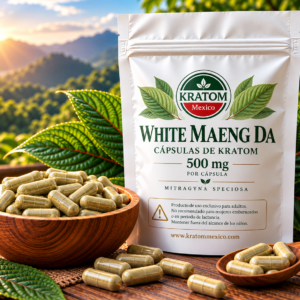Bolsa de cápsulas White Maeng Da Kratom México de 500 mg, junto a cápsulas en un recipiente y una cuchara de madera, rodeada de hojas tropicales.