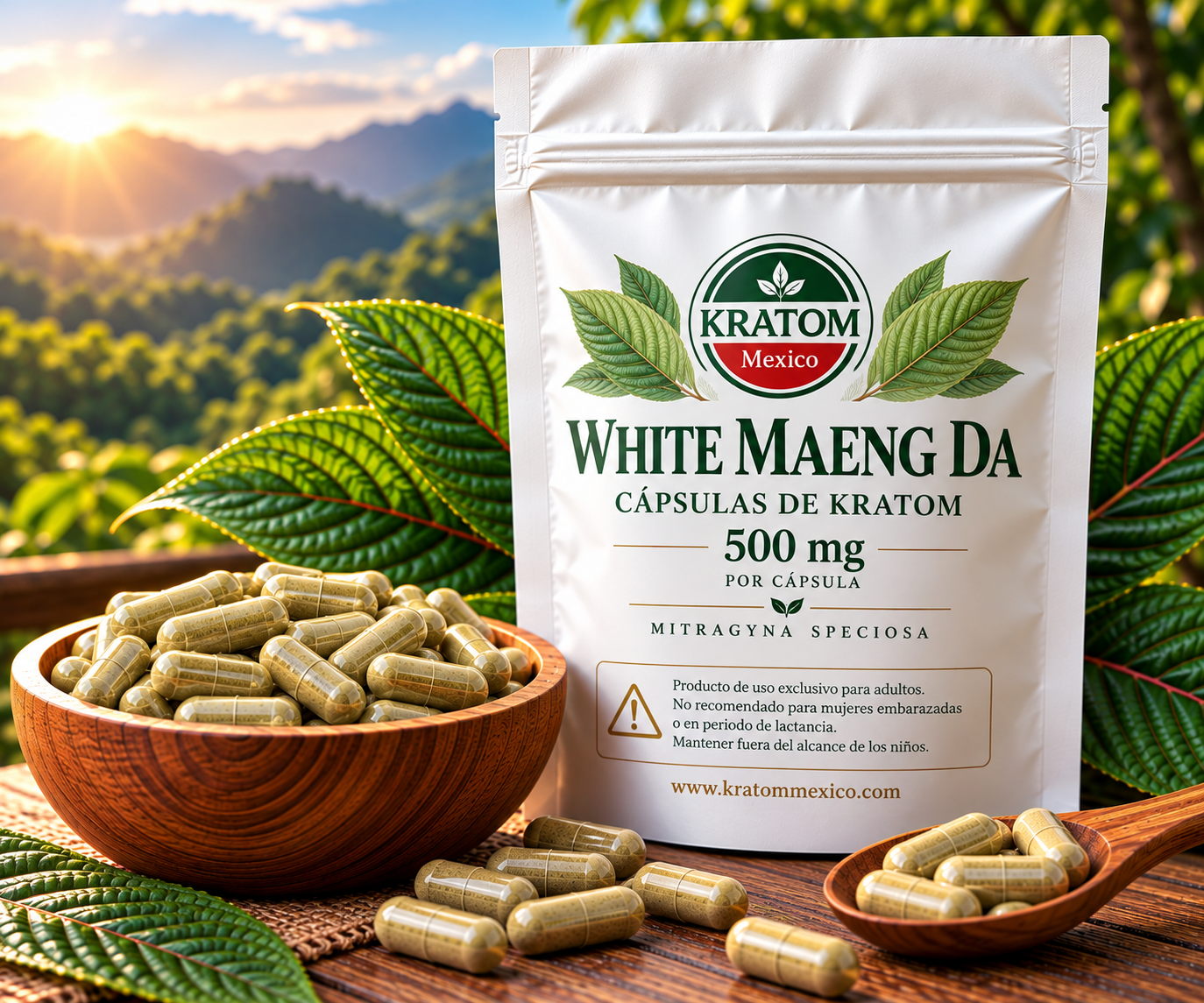 Bolsa de cápsulas White Maeng Da Kratom México de 500 mg, junto a cápsulas en un recipiente y una cuchara de madera, rodeada de hojas tropicales.