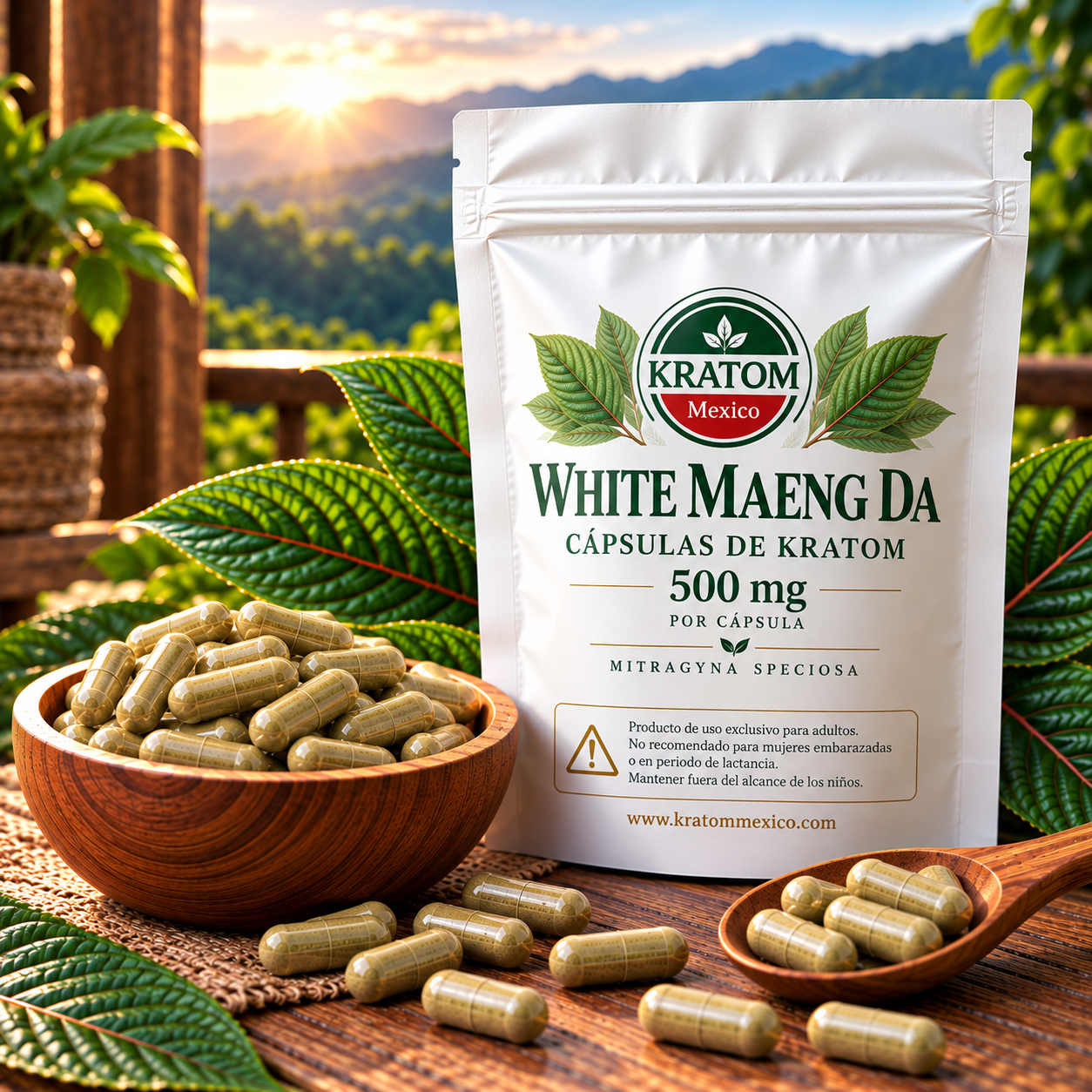 Bolsa de cápsulas White Maeng Da Kratom México de 500 mg, acompañada de cápsulas en un recipiente y una cuchara de madera, con vegetación tropical al fondo.