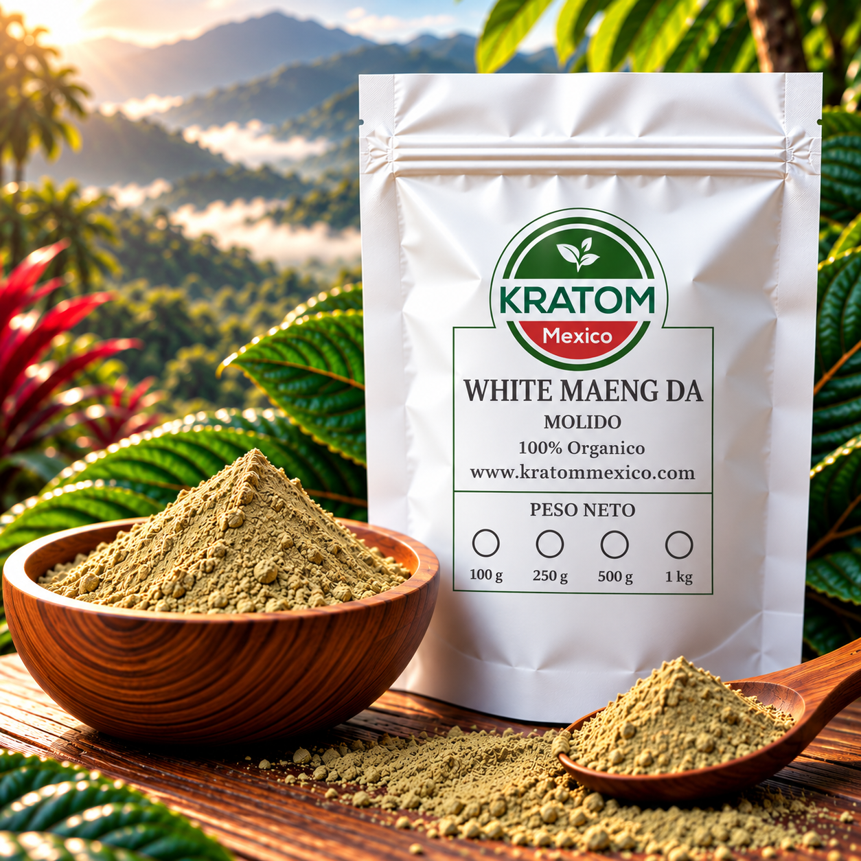 Bolsa de White Maeng Da Kratom México en polvo, acompañada de un recipiente y una cuchara de madera con kratom molido verde claro, rodeada de vegetación tropical y montañas al fondo.