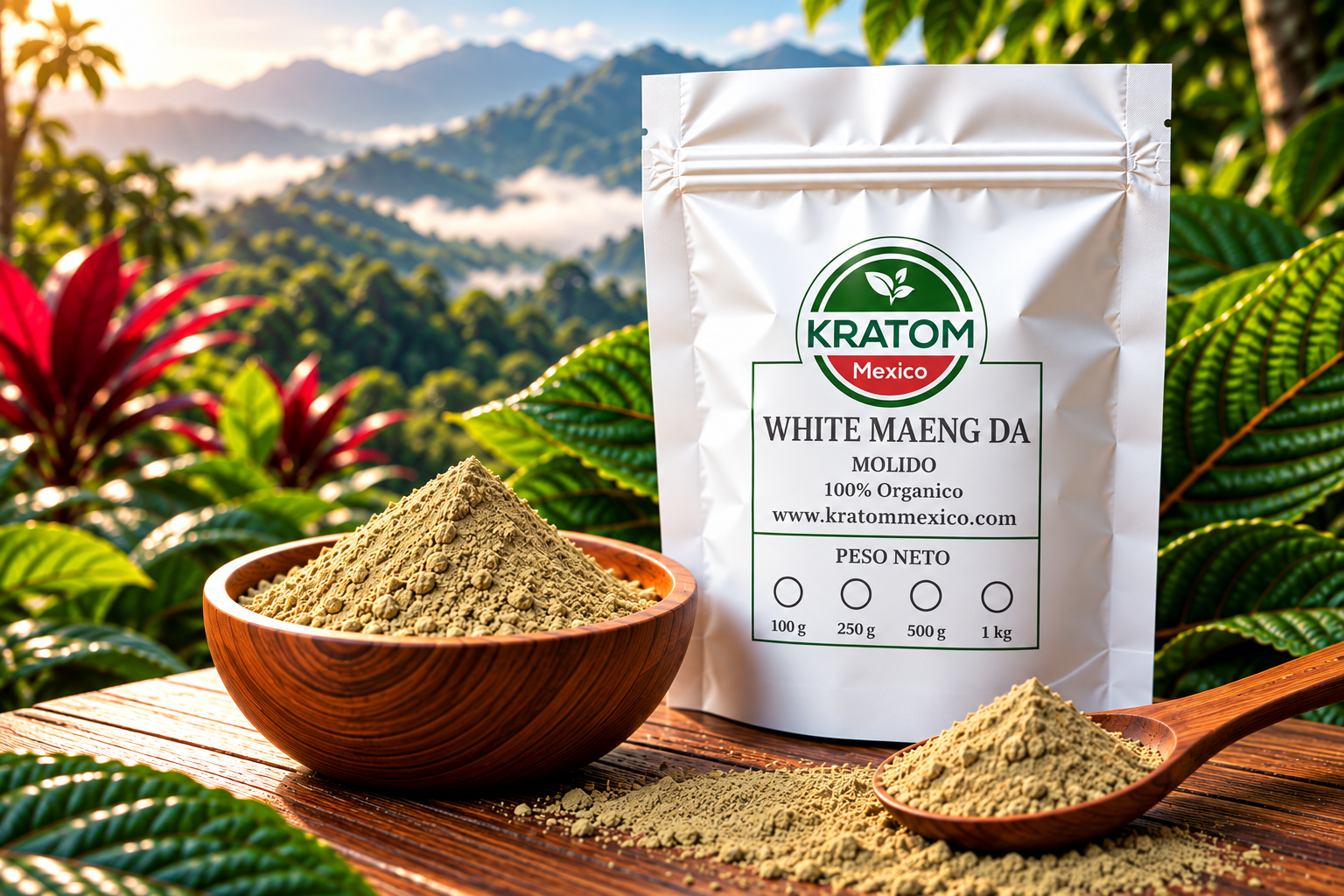 Bolsa de White Maeng Da Kratom México en polvo, junto a un recipiente y una cuchara de madera con kratom molido de tono verde claro, con montañas y vegetación tropical al fondo.